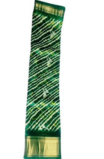 Green and white striped silk saree with zari border