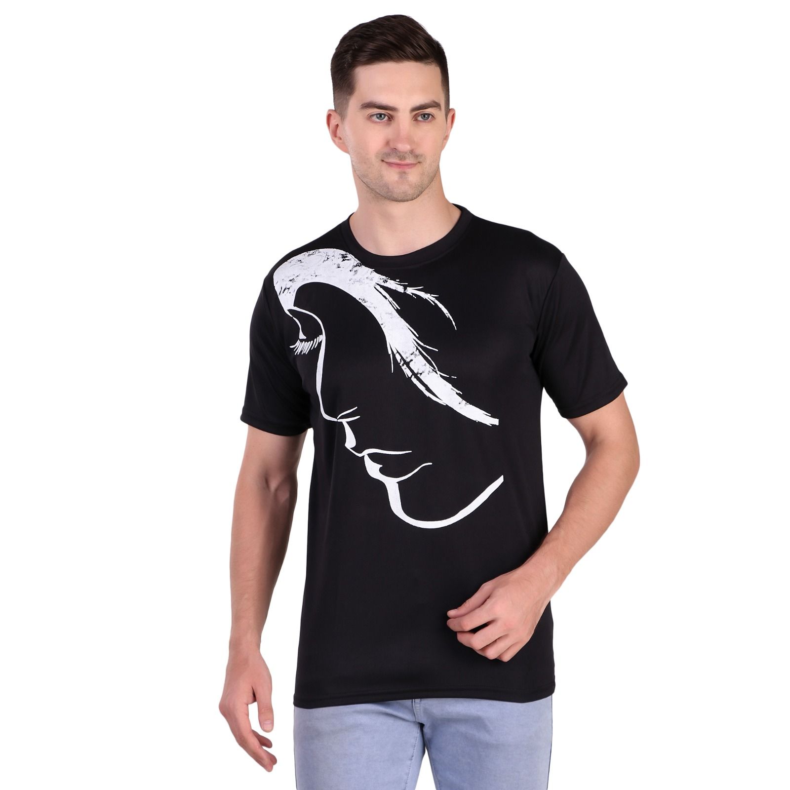 Men's Black T-Shirt with White Line Art of a Woman's Face