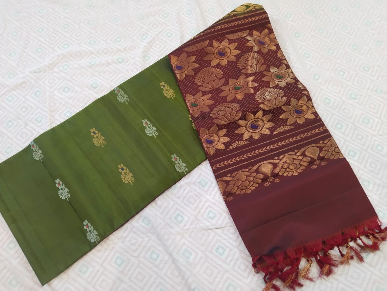  Green and Maroon Silk Saree with Blouse Piece