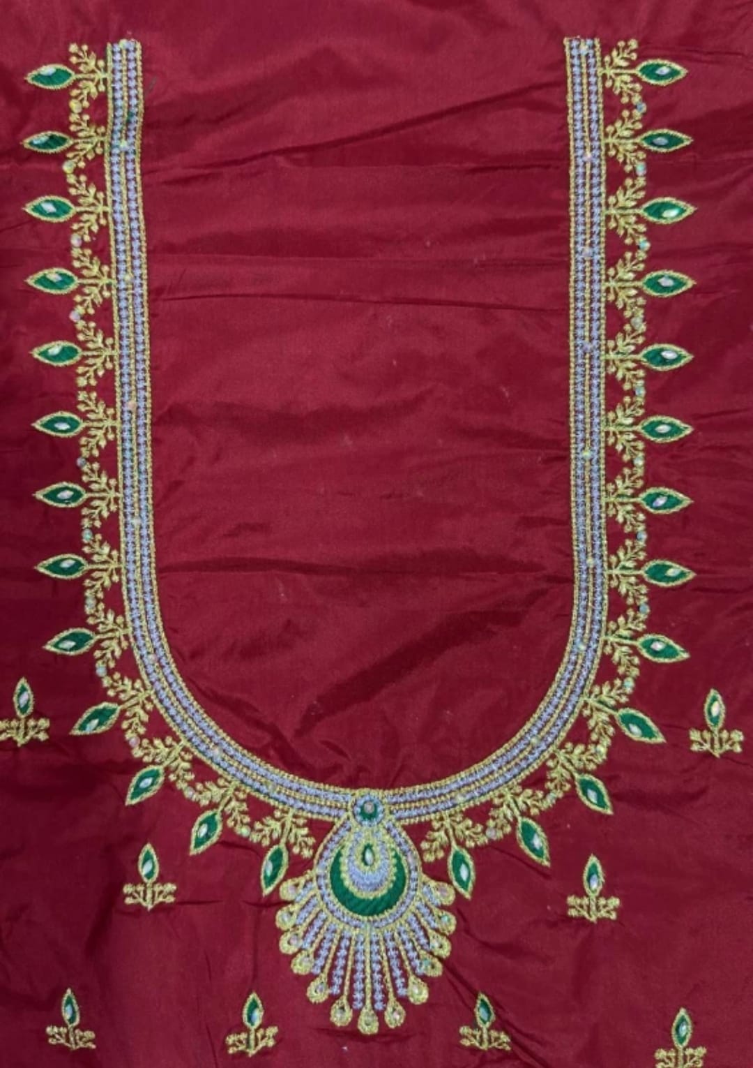 Lakshmi Computer Embroidery Designs - Red and green embroidered blouse - Un Stiched Blouse - 1 Meter