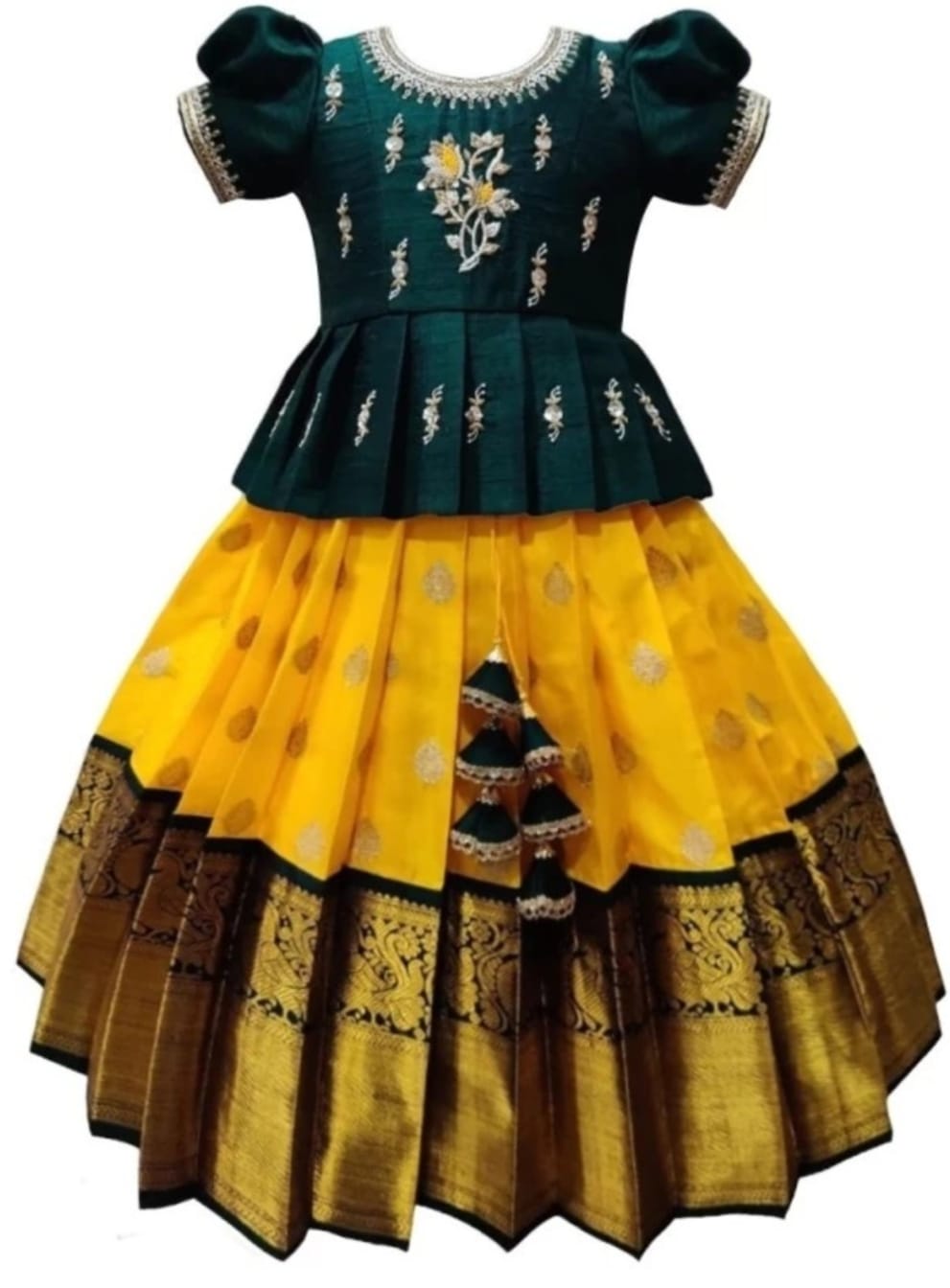 Lakshmi Computer Embroidery Designs - Green and Yellow Embroidered Silk Lehenga Choli for Girls