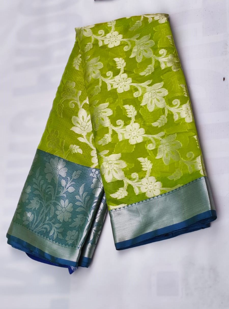 Green Tissue Saree With Silver Zari Woven Floral Buttas
