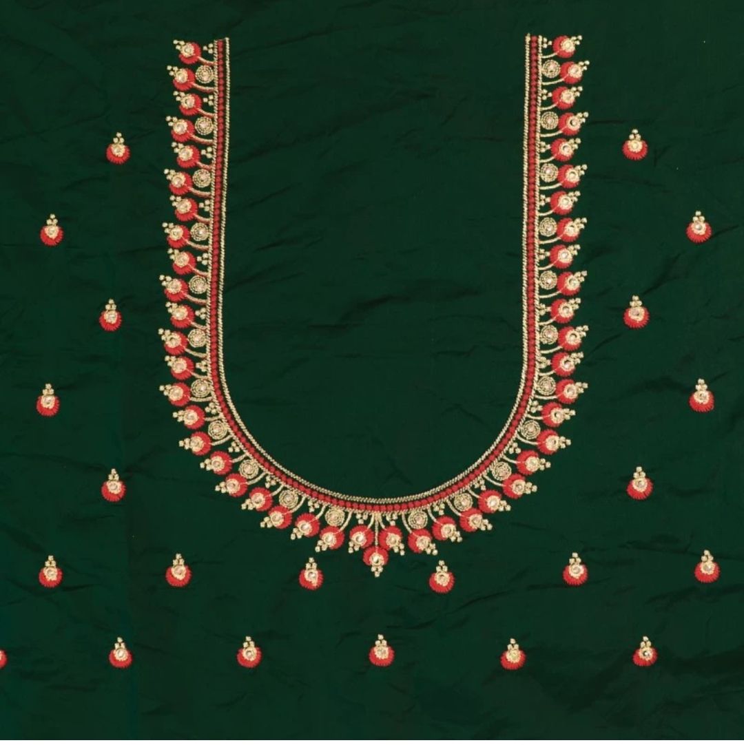 Lakshmi Computer Embroidery Designs - Green Embroidered Blouse With Zari - Un Stiched Blouse - 1 Meter