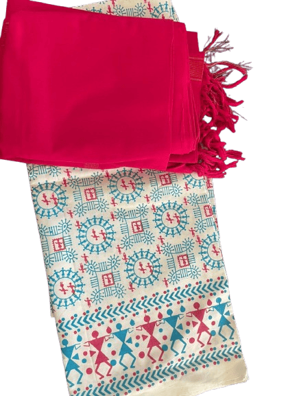 Handwoven cotton fabric with a Warli painting inspired print