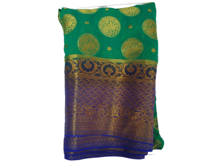 Green and Blue Saree with Lotus Print and Golden Border Green and Blue Saree with Lotus Print and Golden Border
