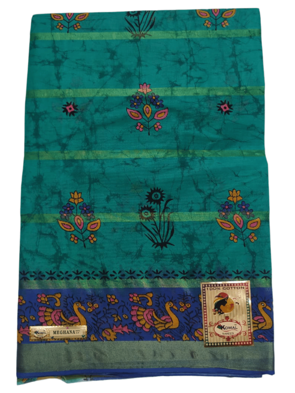 Green Floral Saree with Peacock Border