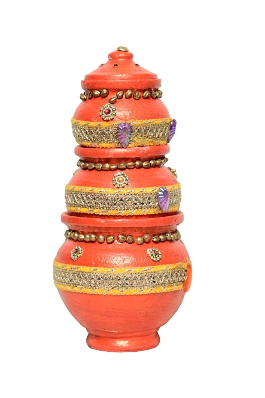  3-Tiered Decorative Earthen Pot with Beads and Stones for Weddings and Festivals