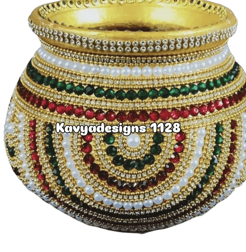 DESIGNER WEDDING GARIKA MUNTHA /ALIVENI MUNTHA - WEEDING DECORATIONS SPECIALS - GOLD AND GREEN EMBELLISHED KALASH