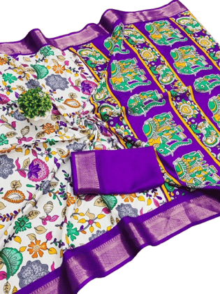 DOLA KALAMKARI  White Floral Saree with Elephant Print Border
