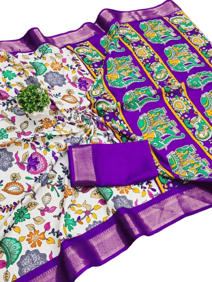 DOLA KALAMKARI  White Floral Saree with Elephant Print Border