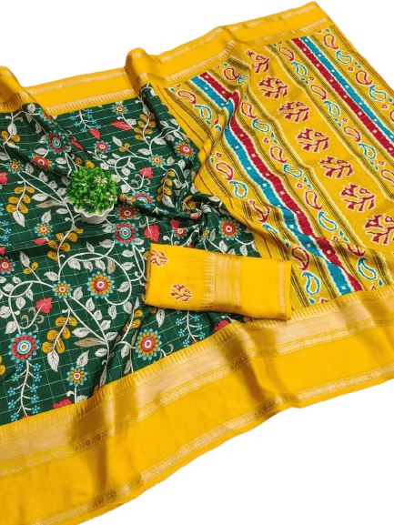 Doala Silk Green and Yellow Floral Saree with Zari Border