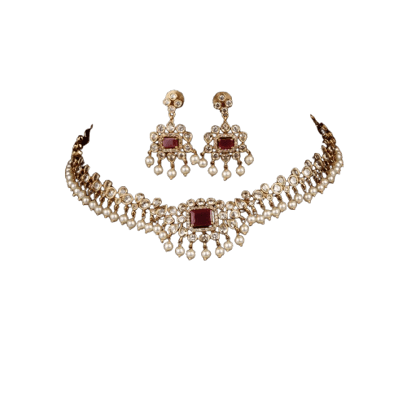  Ruby and Diamond Choker Necklace Set with Pearls
