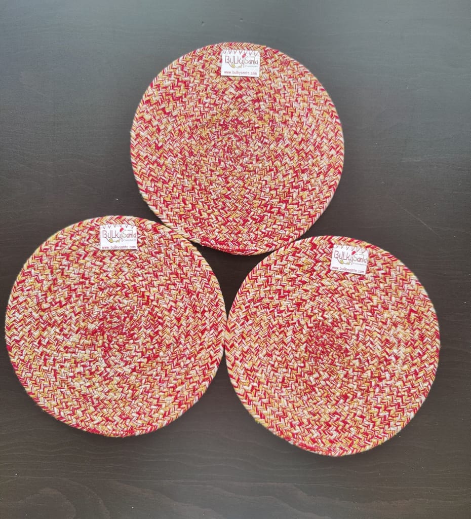 Round table mats cotton placemats (pack of 3) | Hotpads / trivets 9", Heat Resistant, Reversible Use (Yellow) by Bulky Santa