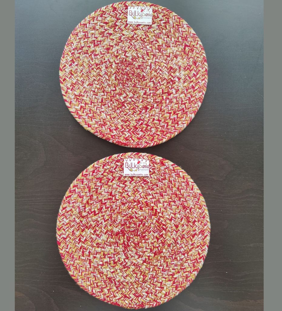 Round table mats cotton placemats (pack of 2) | Hotpads / trivets 9", Heat Resistant, Reversible Use (Yellow) by Bulky Santa