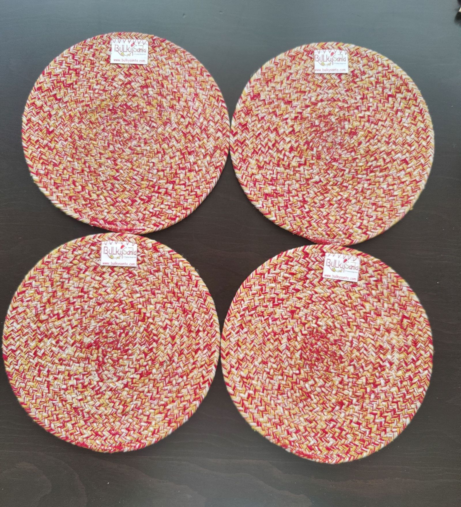 BulkySanta Cotton Place mats 22 cm (9") Round Table Mats, Heat Resistant, Reversible Use, Washable (RED-Yellow) (Pack of 4)