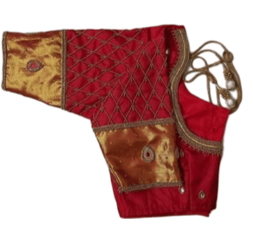 Red and gold embroidered silk blouse with zari work