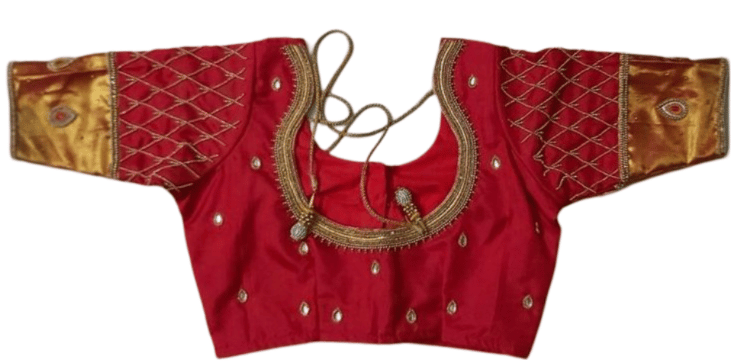 Red and gold embroidered silk blouse with zari work