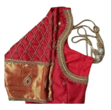 Red and gold embroidered silk blouse with zari work