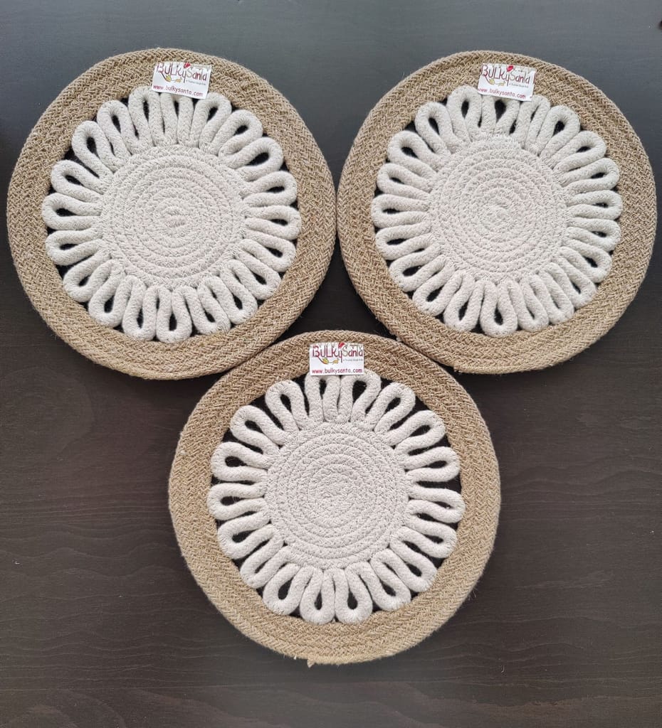 Round table mats cotton placemats (pack of 3) | Hotpads / trivets 9", Heat Resistant, Reversible Use (Payal) by Bulky Santa