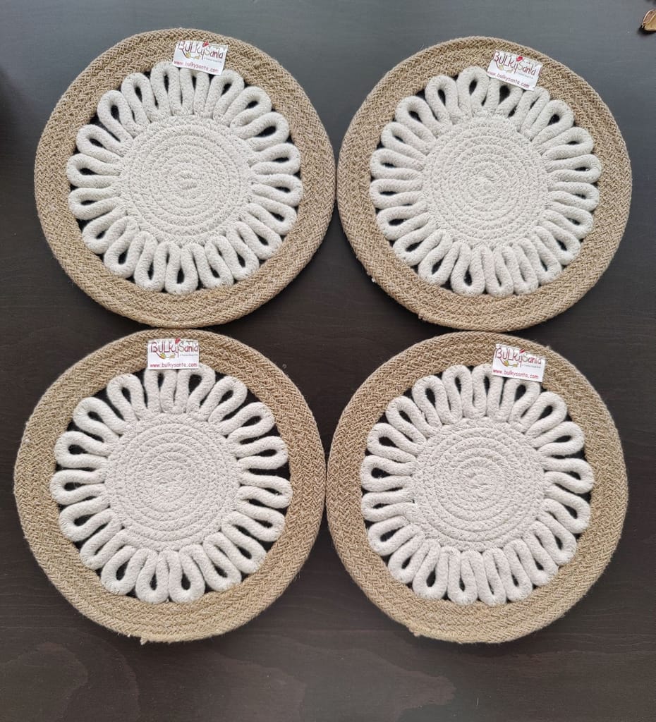 Round table mats cotton placemats (pack of 4) | Hotpads / trivets 9", Heat Resistant, Reversible Use (Payal) by Bulky Santa