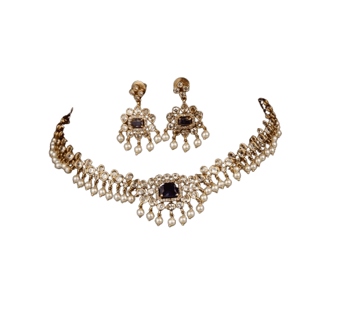  Exquisite Gold-Plated Kundan and Pearl Choker Necklace Set with Earrings