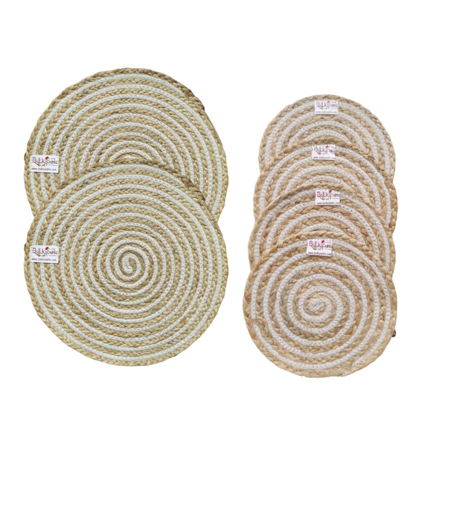 Round table mats cotton placemats (pack of 6) | Big Mats  & Hotpads / trivets, Heat Resistant, Reversible Use (Cotton-Jute) by Bulky Santa