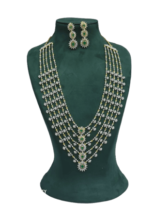 American Diamond and Emerald steps wise Necklace Set in Gold Bridal special