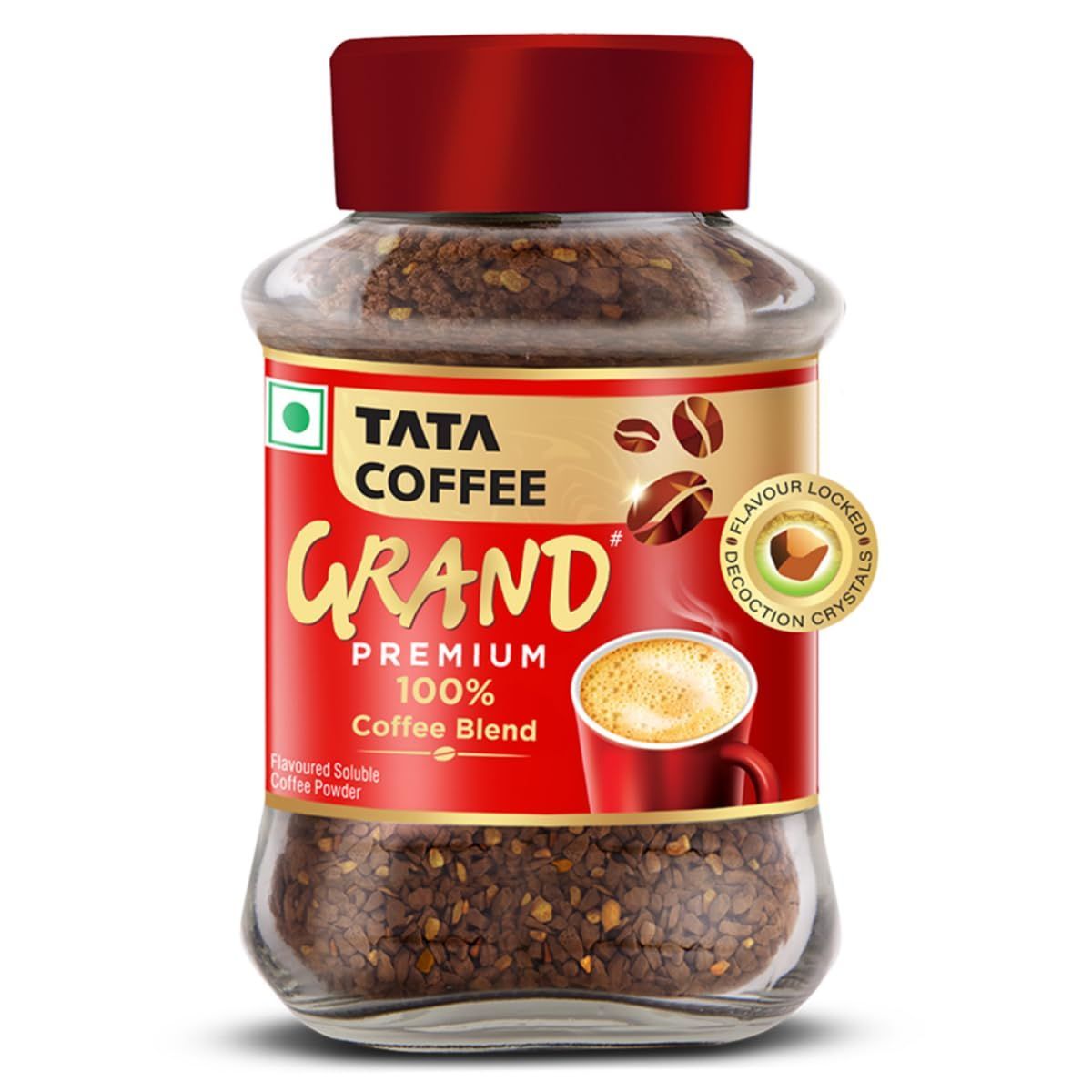 Tata Coffee Grand Premium Instant Coffee, 90g, Jar With Flavour Locked Decoction Crystals, Flavoured Soluble Coffee Powder, Rich Aroma & Great Taste