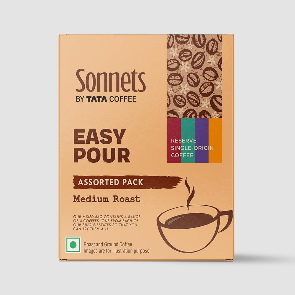 Sonnets by Tata Coffee, Easy Pour, Assorted Pack of 5, Yemmigoondi, Nullore, Mylemoney & Goorghuly Estate, Medium Roast & Ground Coffee, 5 Easy Pour Bags