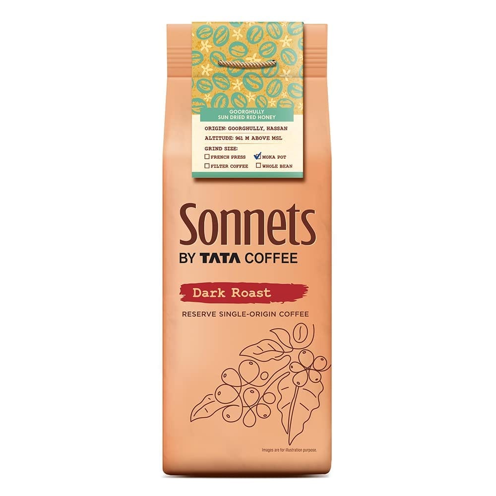 Tata Sonnets Goorghully Sun Dried Red Honey Dark Roast Moka Pot, 250g, Brown