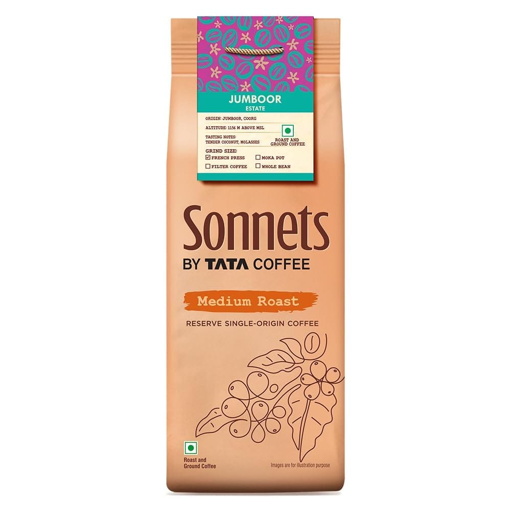 Sonnets by Tata Coffee, Jumboor Estate, Medium Roast French Press Coffee, Arabica Coffee with Tasting Notes of Tender Coconut & Molasses, Single-Origin Coffee, 250g