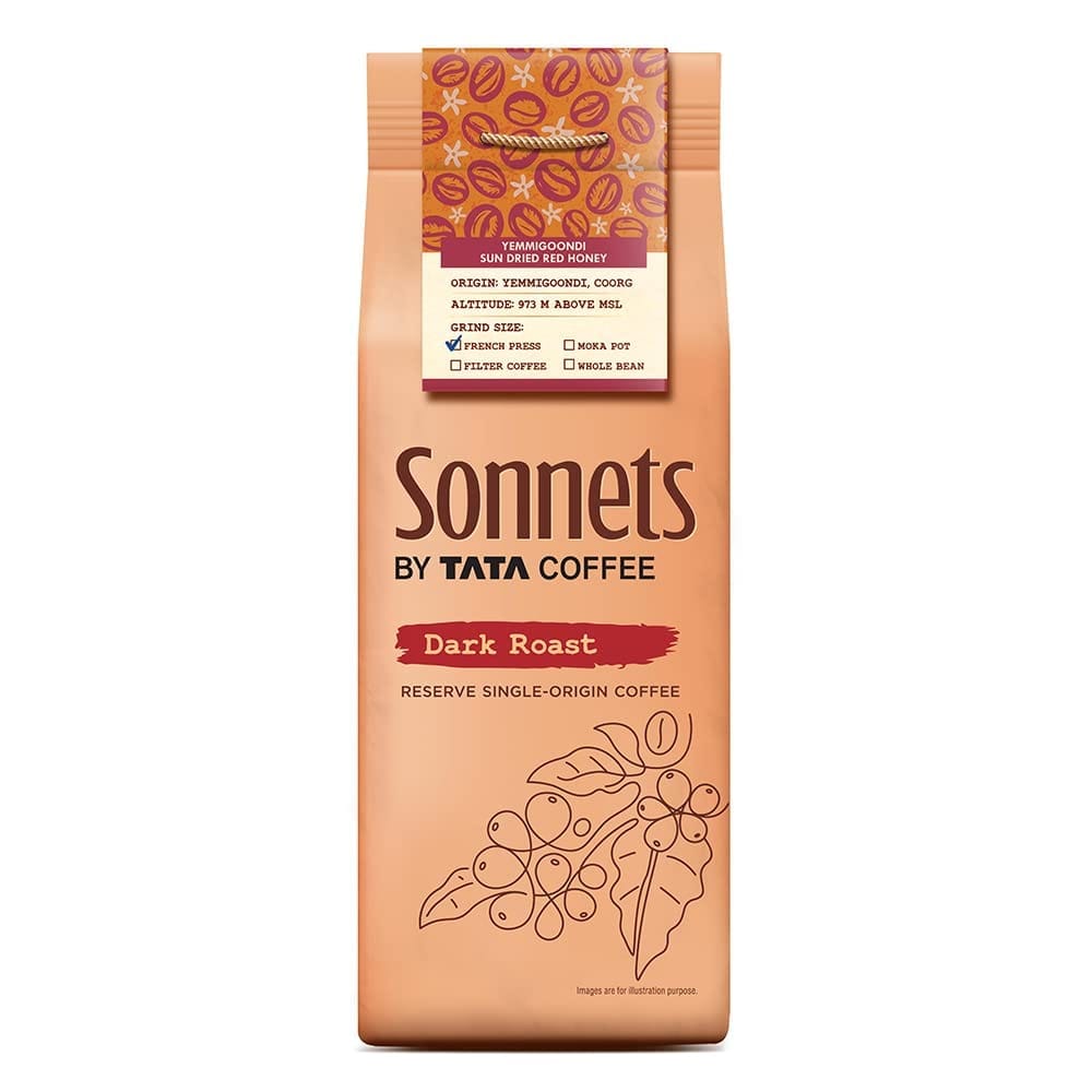 Sonnets by TATA Coffee Yemmigoondi Sun Dried Red Honey Dark Roast French Press, 250g