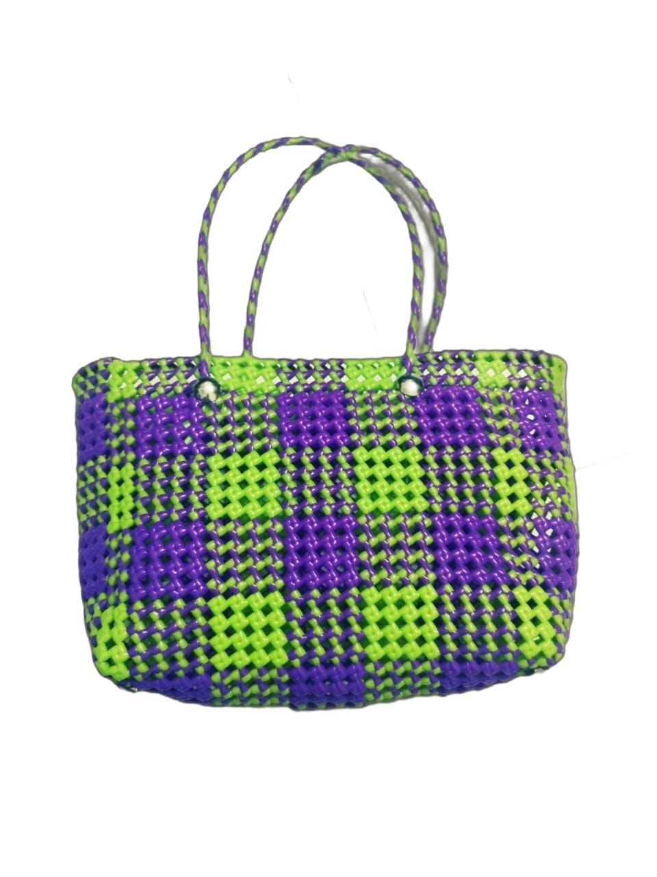  Small Green and Purple Handwoven Market Tote Bag