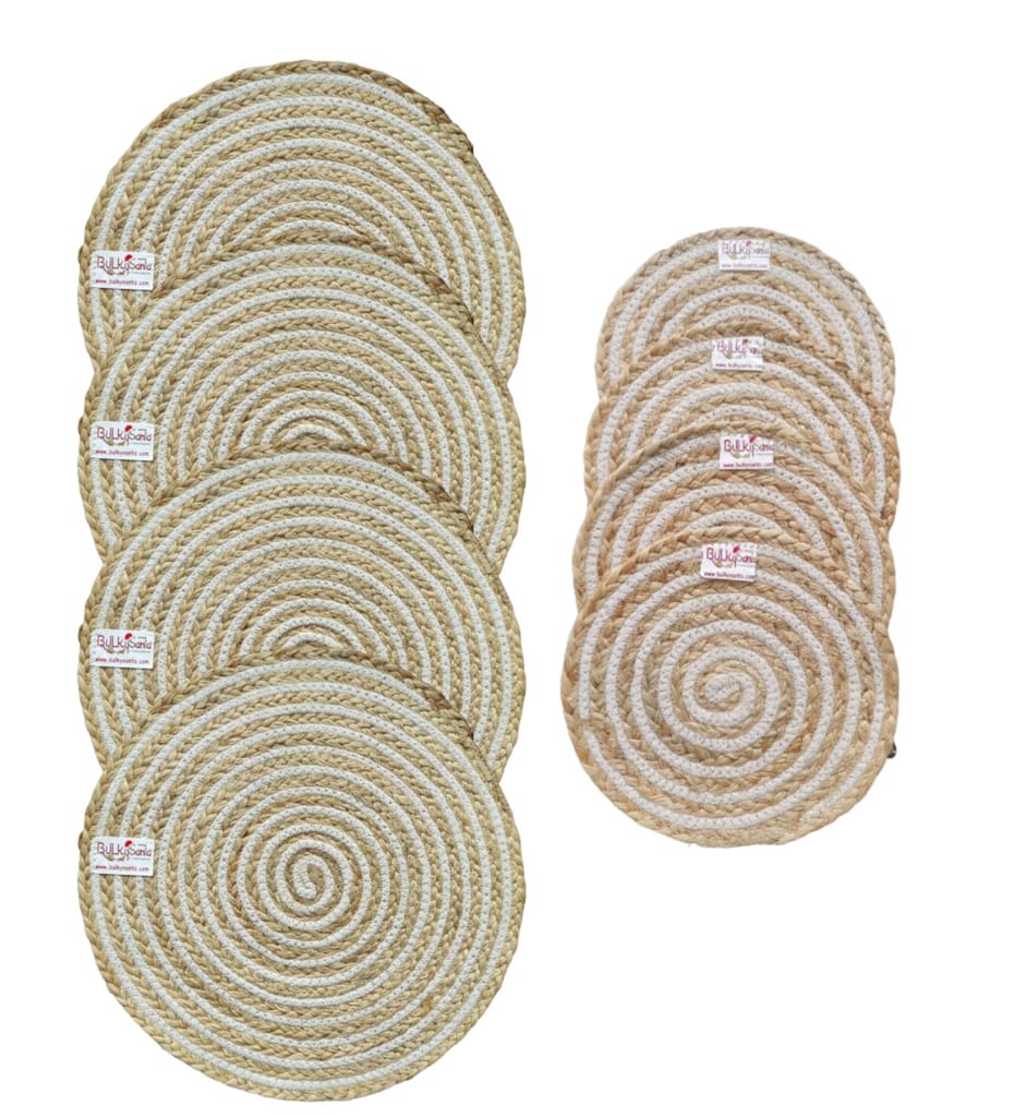 Round table mats cotton placemats (pack of 8) | Big Mats  & Hotpads / trivets, Heat Resistant, Reversible Use (Cotton-Jute) by Bulky Santa