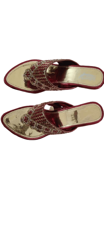 Red and gold embellished wedge heel sandals