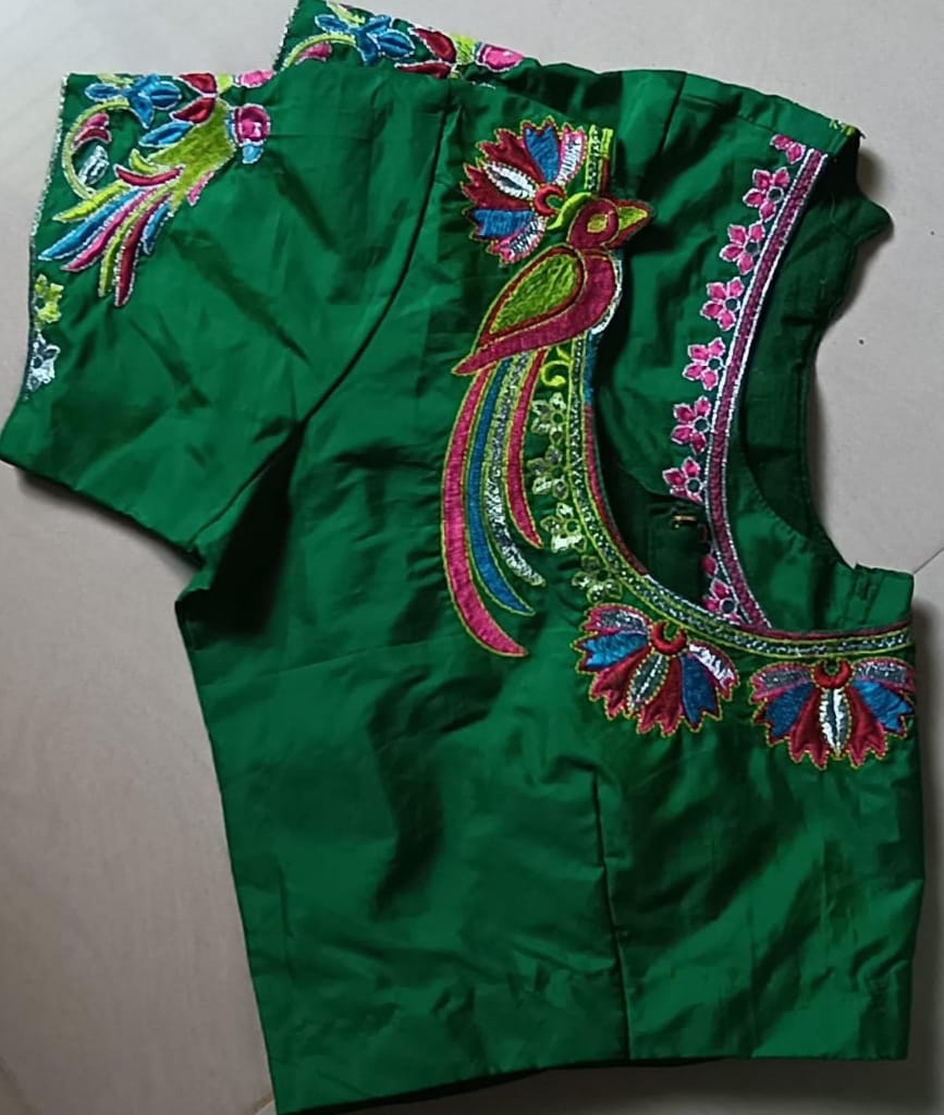 Ready Made Green blouse with intricate bird embroidery work