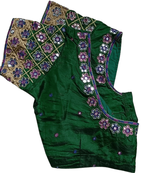 Ready Made Blouse -  Green and Pink Mirror Work Blouse