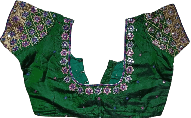 Ready Made Blouse - Green and Pink Mirror Work Blouse