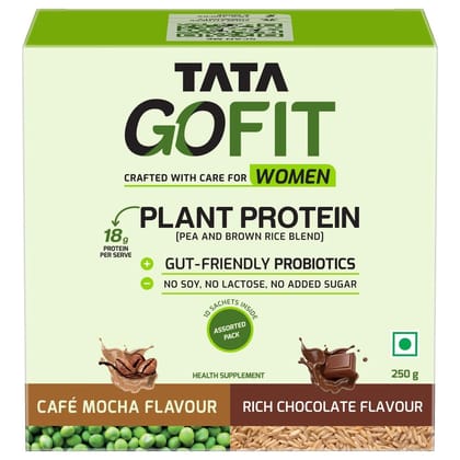 Tata GoFit Plant Protein Powder, Pea Protein Isolate & Brown Rice Blend - Pack of 10 Sachets, Travel Friendly, Vegan, Chocolate & Cafe Mocha Flavour
