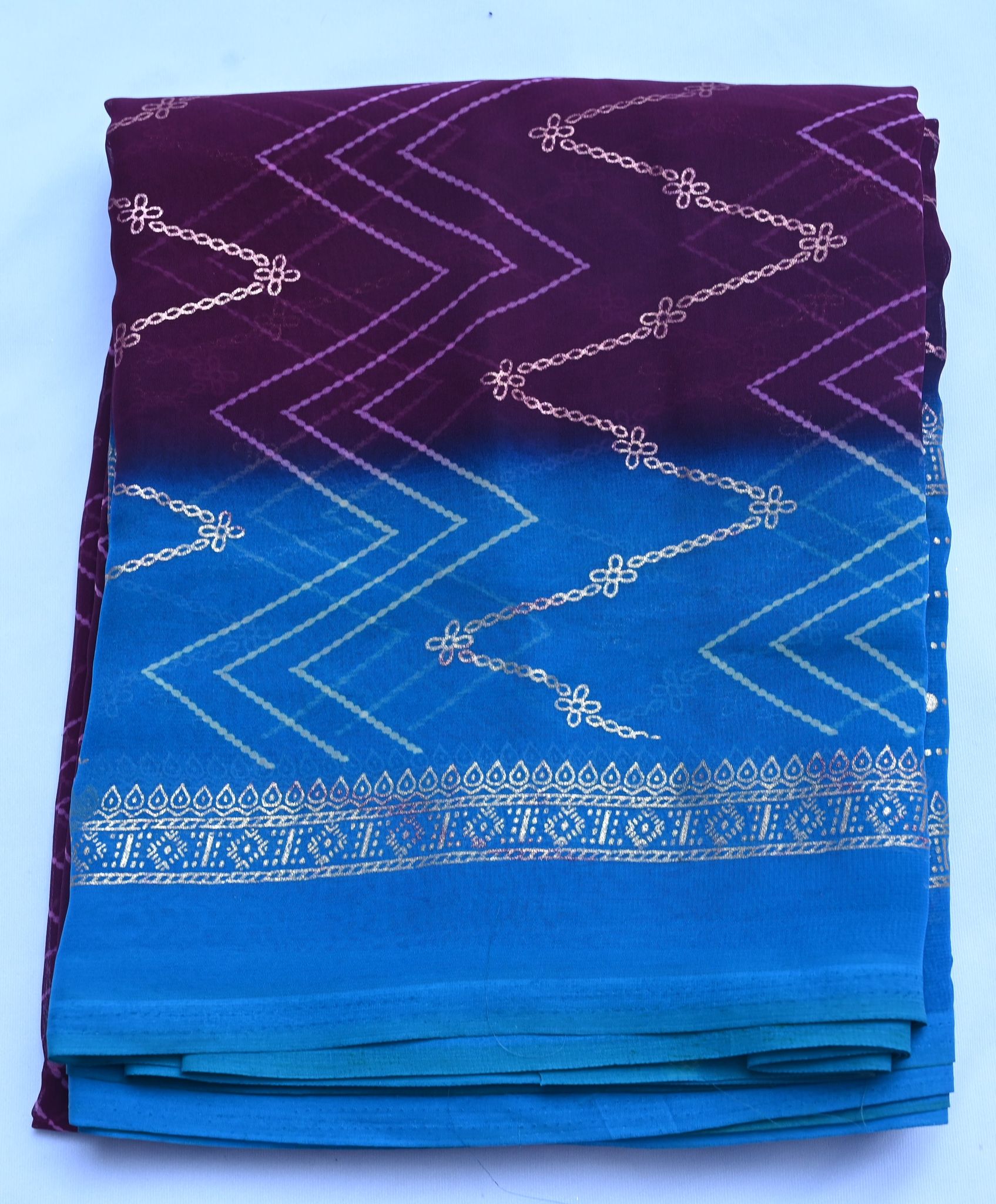 RAMANI SAREES Blue and Purple Ombre Georgette Saree With Golden Zari Border