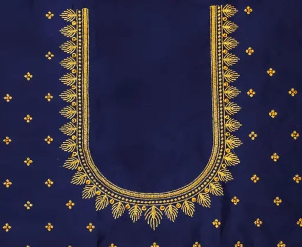 Blue and gold embroidered blouse - Un Stiched Blouse - 1 Meter