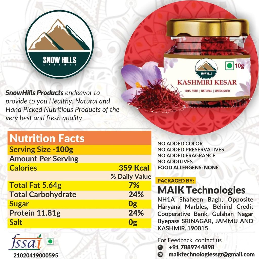 SnowHills Kashmiri Saffron Original Kashmir Lacha Saffron/Kesar/Keshar (1gm) for Biryani,Sweets,Pregnant Women, Improved Health - Skin Care, Beauty and Tilak