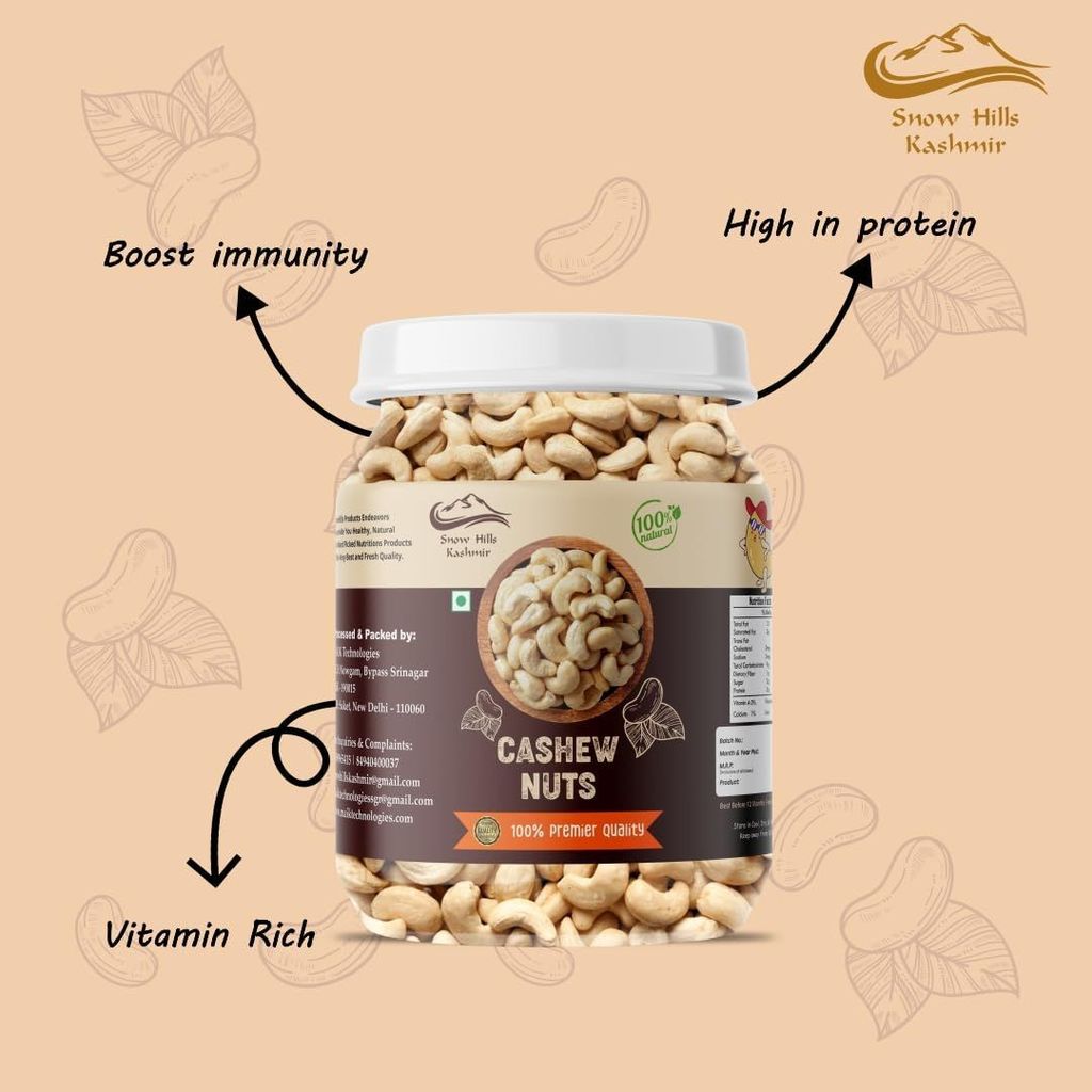 Snow Hills Kashmir Cashew Jar 500 grams Healthy Snacks | Nutritious & Delicious | Gluten Free & Zero Cholestrol | kaju | Premium Whole Cashews | Whole Crunchy Cashews Premium Dry fruits