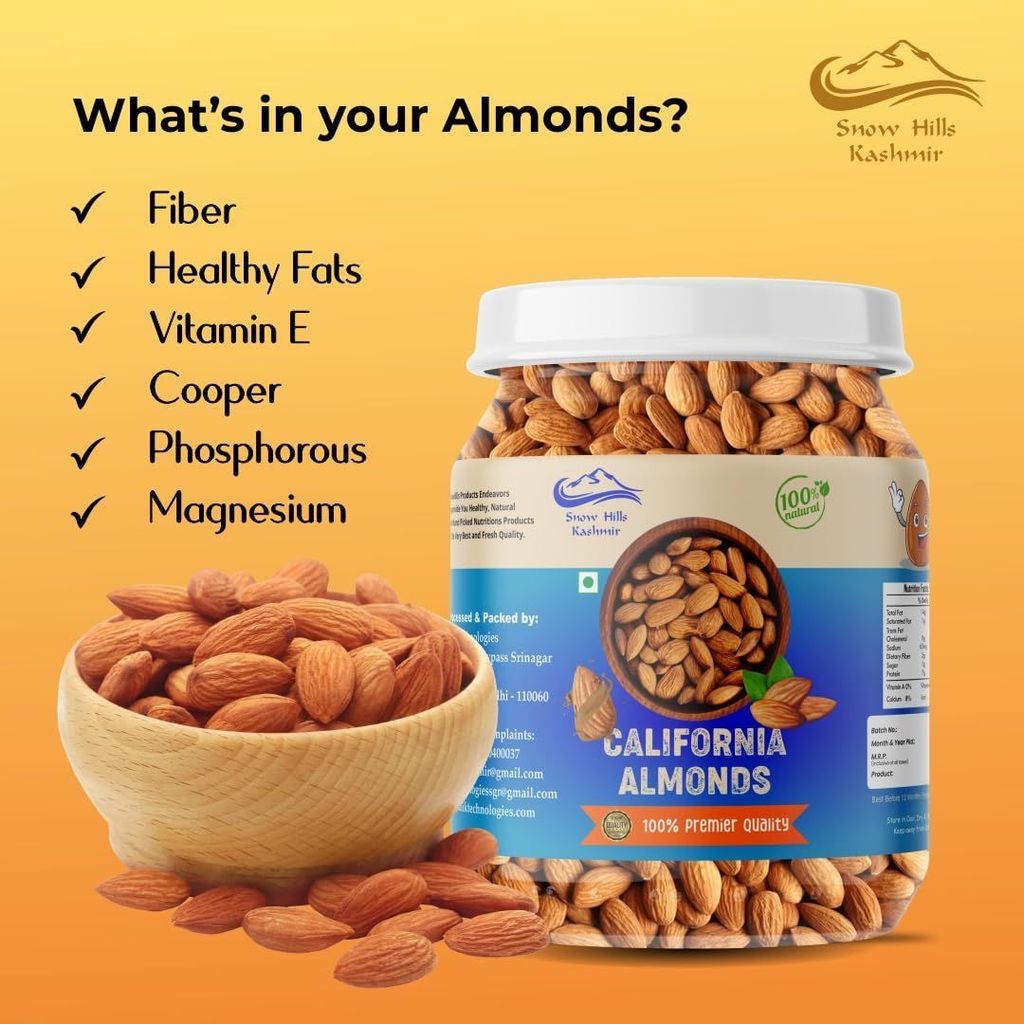 Snow Hills Kashmir 100% Natural Premium kashmiri Almonds 500 grams of Quality Badam Giri for Nutritious Delights - Real Nuts | High in Fiber Whole Natural Badam Dry Fruits