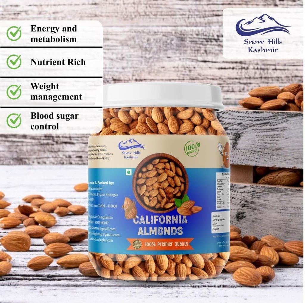 Snow Hills Kashmir 100% Natural Premium kashmiri Almonds 500 grams of Quality Badam Giri for Nutritious Delights - Real Nuts | High in Fiber Whole Natural Badam Dry Fruits