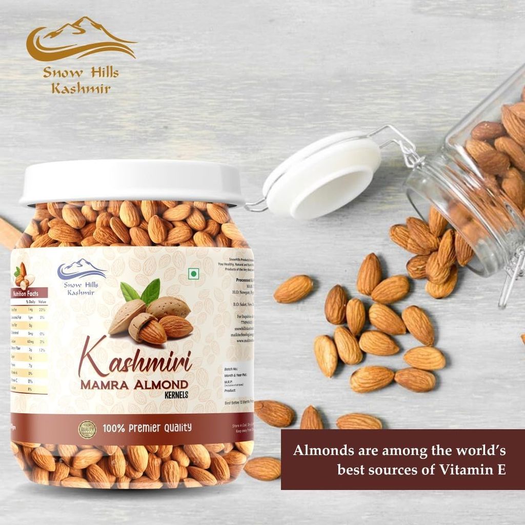 Snow Hills Kashmir Premium Mamra Almonds Giri - 500grams | 100% Pure, Organically Cultivated | High Oil Content, Rich in Antioxidants | Boost Brain Power and Stamina |