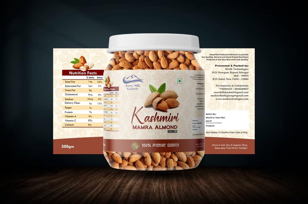 Snow Hills Kashmir Premium Mamra Almonds Giri - 500grams | 100% Pure, Organically Cultivated | High Oil Content, Rich in Antioxidants | Boost Brain Power and Stamina |