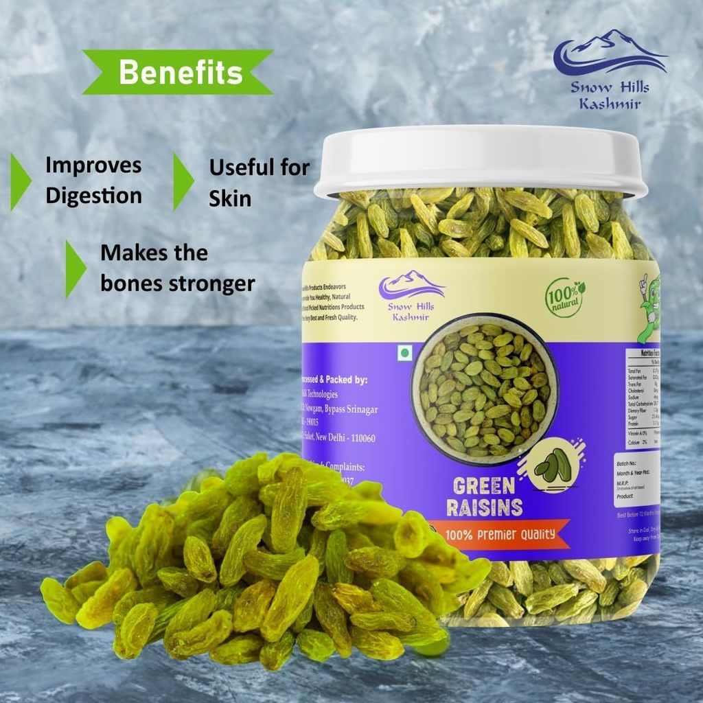 Snow Hills Kashmir Seedless Green Raisins Jar 500 grams Seedless Kishmish Dry fruits | Dry Grapes Kishmish Premium Dry fruits
