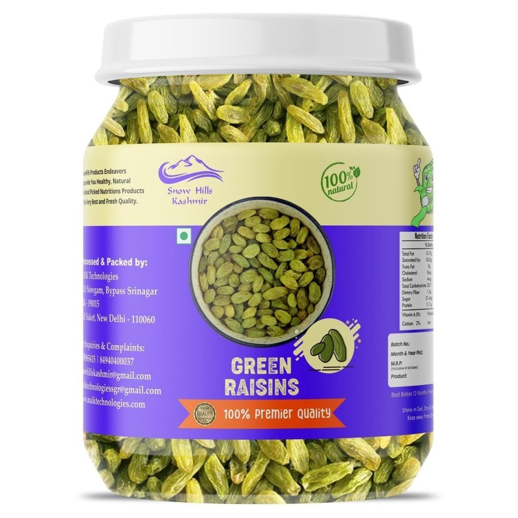 Snow Hills Kashmir Seedless Green Raisins Jar 500 grams Seedless Kishmish Dry fruits | Dry Grapes Kishmish Premium Dry fruits