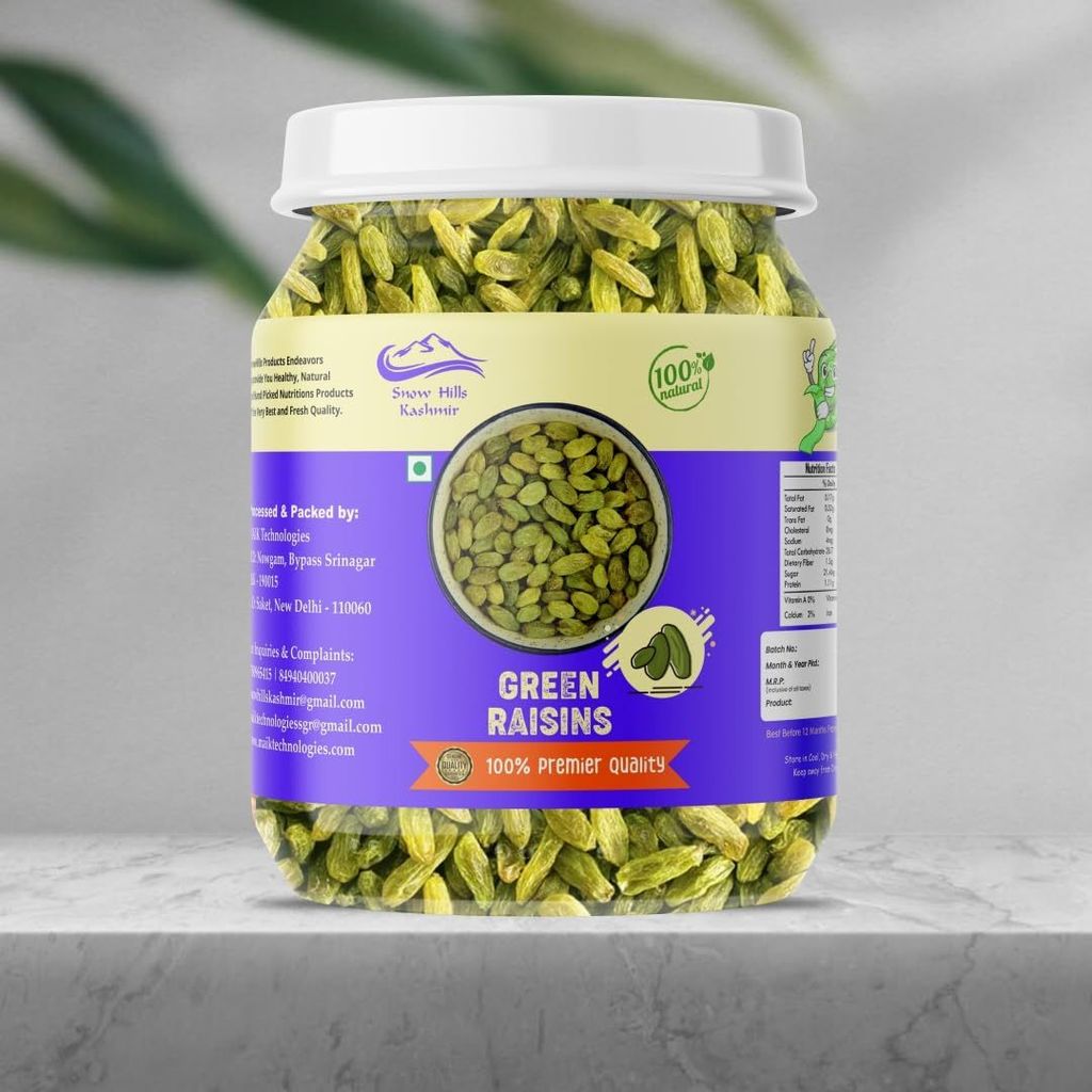 Snow Hills Kashmir Seedless Green Raisins Jar 500 grams Seedless Kishmish Dry fruits | Dry Grapes Kishmish Premium Dry fruits